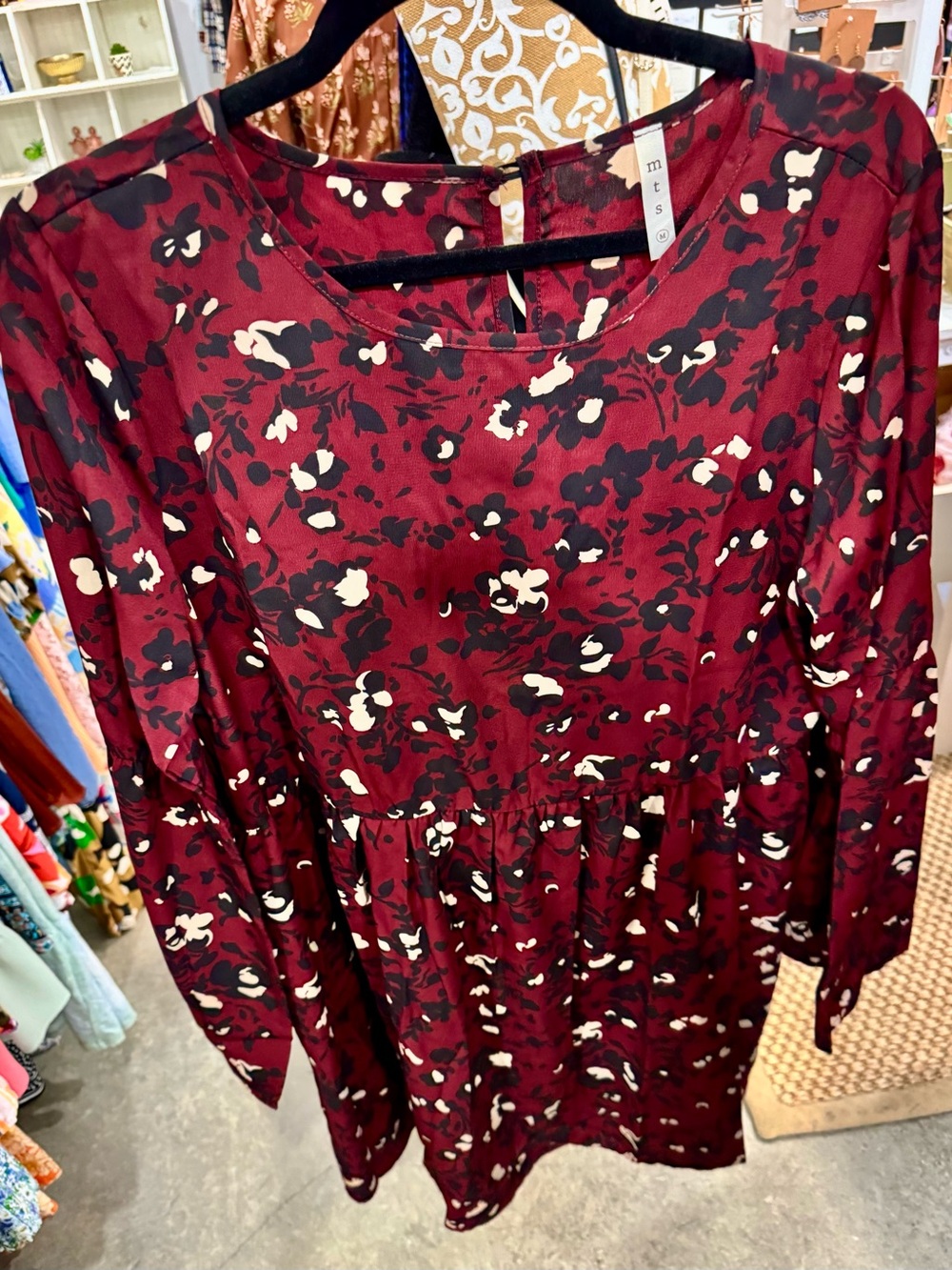 mittoshop Burgundy Floral Long Sleeve Dress with Cream & Black Accents
